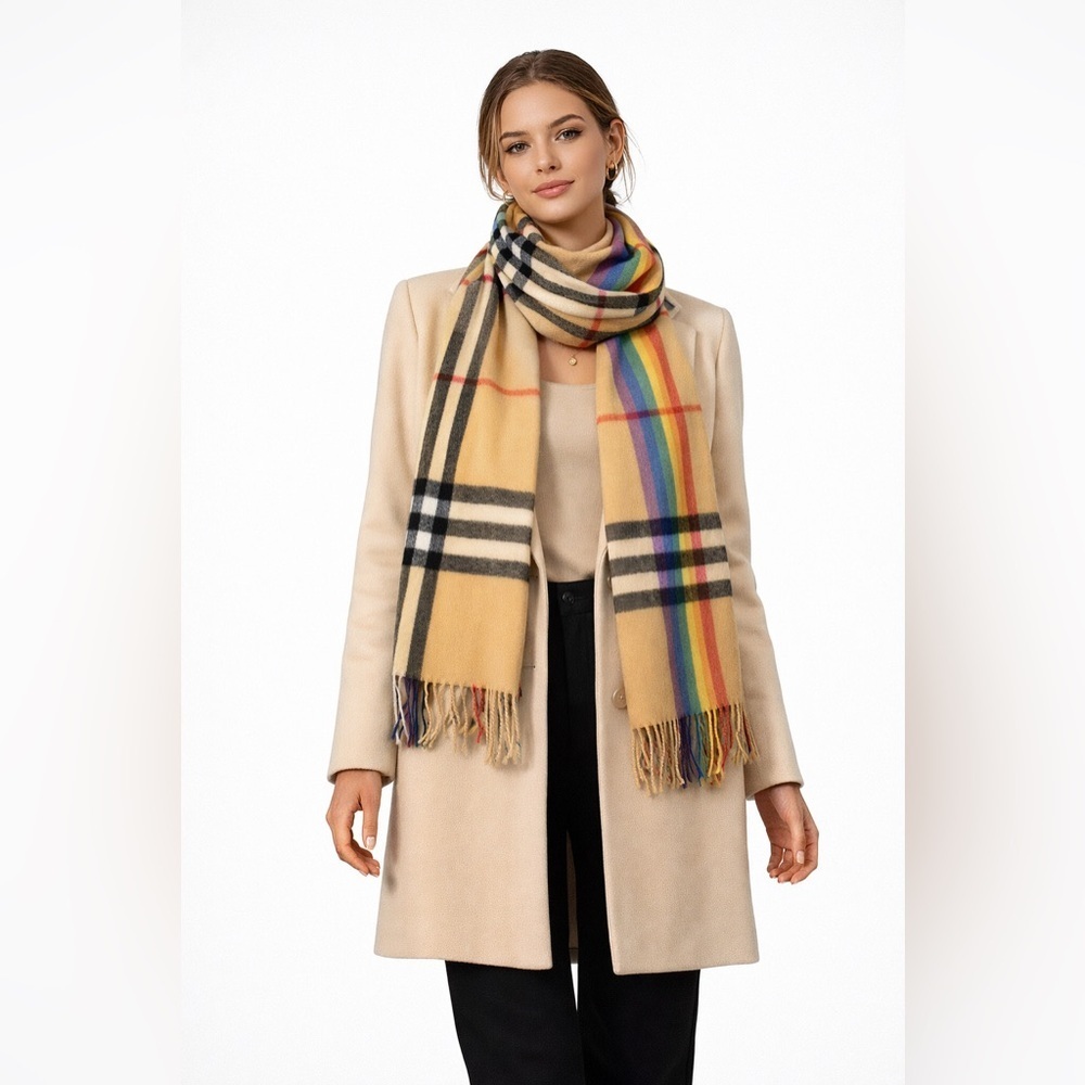Pashmina 100% Cashmere Tan Plaid Rainbow Scarf One Size Fringe Luxury Cozy Chic